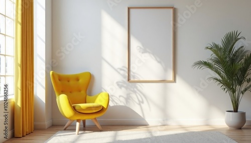 Minimalistic interrior desighn with yellow chair and blank canvas mockup on a wall. A 3D render of a minimalist living room with a yellow velvet chair and a large square picture frame on a wall photo