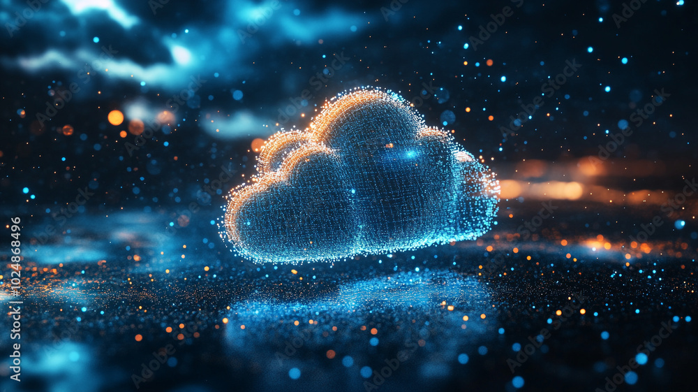 Digital cloud formation glowing against a starry background with vibrant light effects Digital cloud formation glowing against a starry background with vibrant light effects