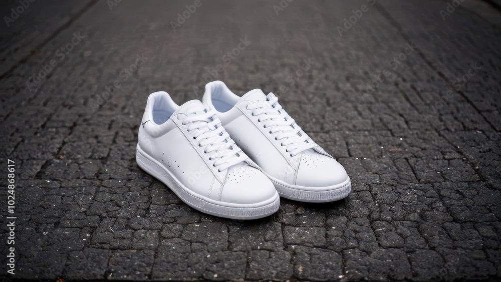 Sneakers on urban pavement. A pair of clean, white sneakers placed on a textured street surface, showcasing minimalist style and modern footwear design. Sneakers on urban pavement. A pair of clean, white sneakers placed on a textured street surface, showcasing minimalist style and modern footwear design.