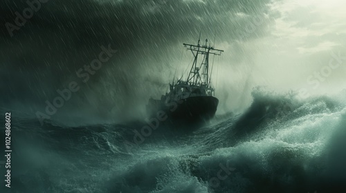 Ship battling through a stormy sea with large waves and heavy rainfall