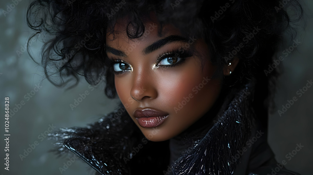 A close-up portrait of a woman with curly hair and striking features. A close-up portrait of a woman with curly hair and striking features.