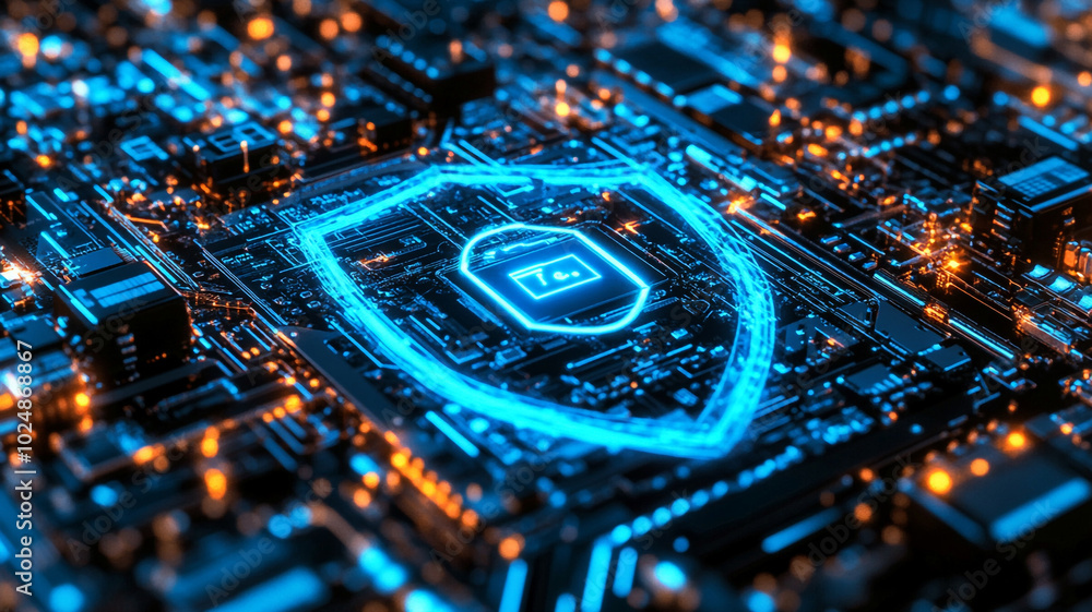 Fototapeta premium Detailed close-up of a futuristic circuit board with a glowing shield symbol representing security