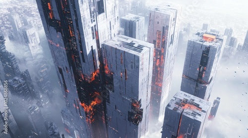 Futuristic Cityscape with Tall, Cuboid Buildings and Fog