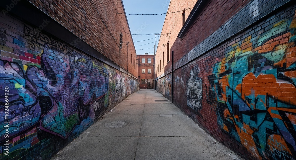 Fototapeta premium Shaded alleyway with graffiti covering brick walls