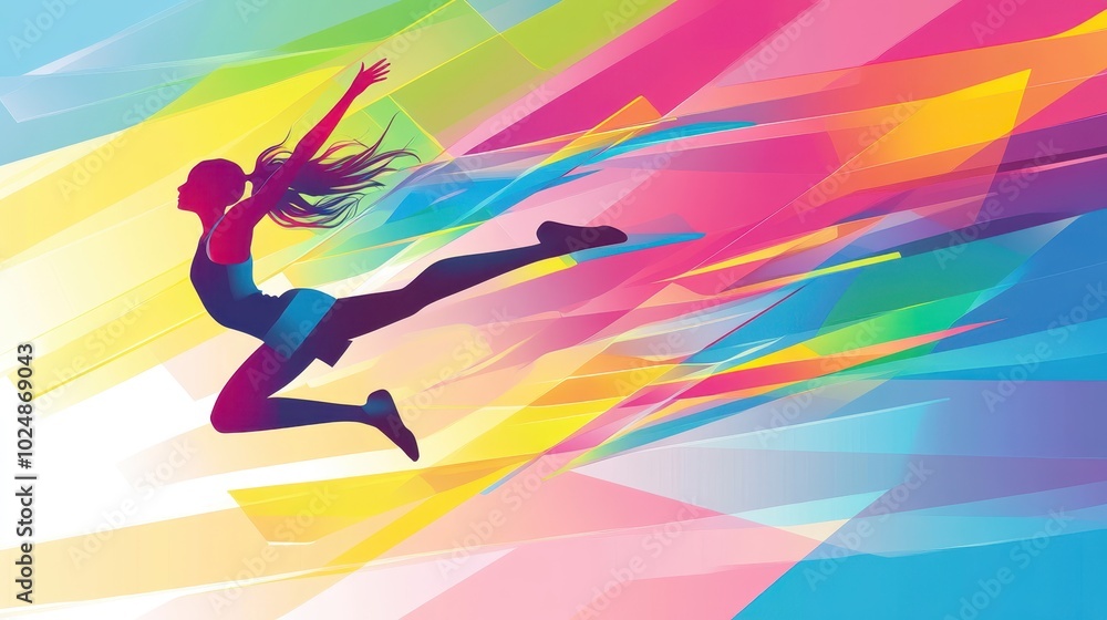 Stylized silhouette of a person leaping forward against a vibrant, multicolored abstract background Stylized silhouette of a person leaping forward against a vibrant, multicolored abstract background