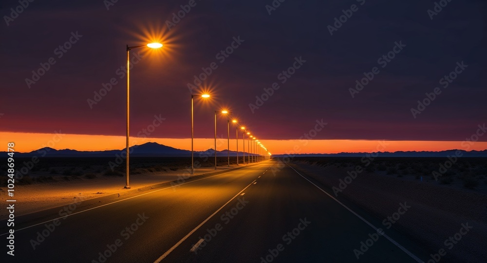 Street lamps glowing along deserted road at dusk Street lamps glowing along deserted road at dusk