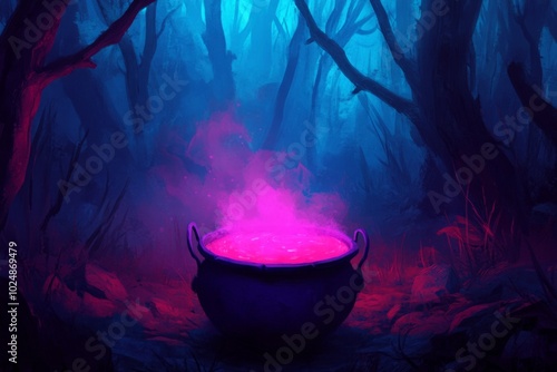 A mystical cauldron emits vibrant pink smoke in a dark, enchanted forest.