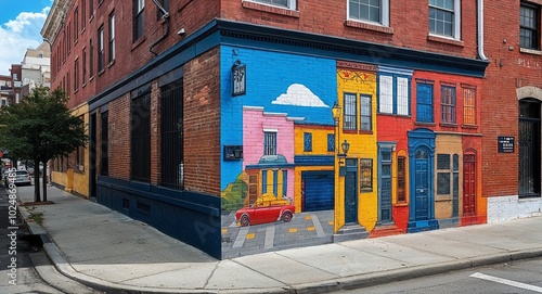 Street corner with colorful mural painted on brick wall