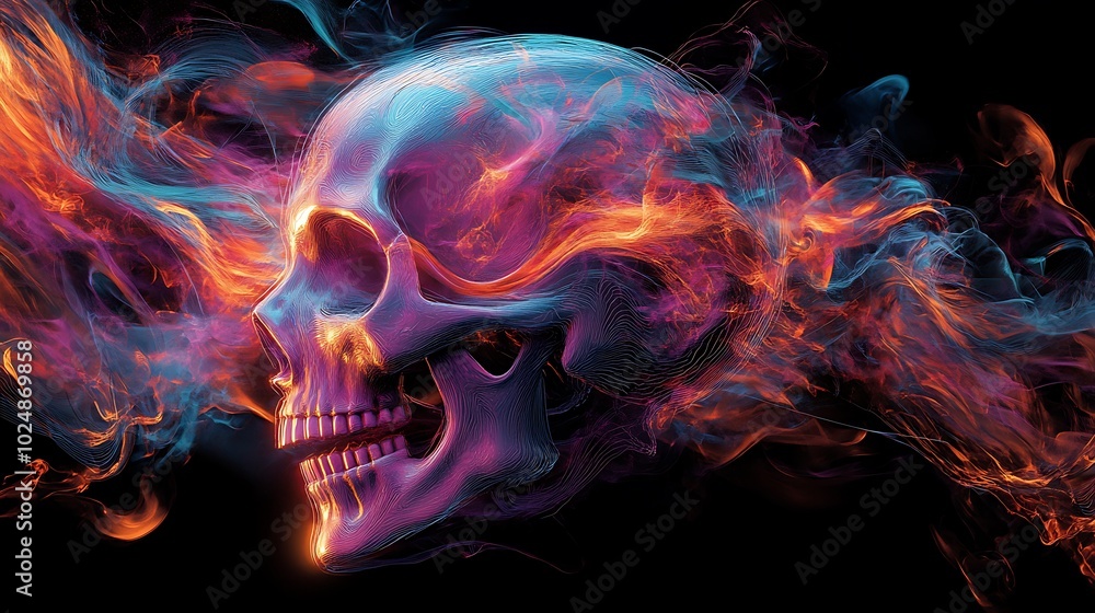 A skull spinning in a whirlwind of graffiti shapes and neon colors like purple, teal, and orange. The chaotic graffiti lines twist around the skull, A skull spinning in a whirlwind of graffiti shapes and neon colors like purple, teal, and orange. The chaotic graffiti lines twist around the skull,