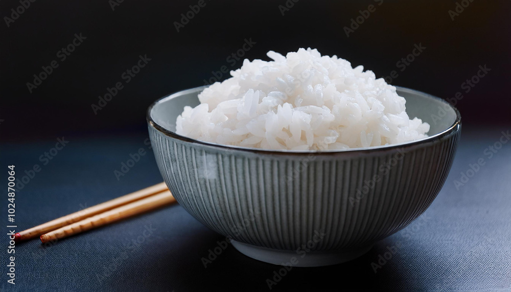 Natural cooked Japanese rice in ceramic bowl with chopstick. Healthy and tasty food. Delicious meal Natural cooked Japanese rice in ceramic bowl with chopstick. Healthy and tasty food. Delicious meal