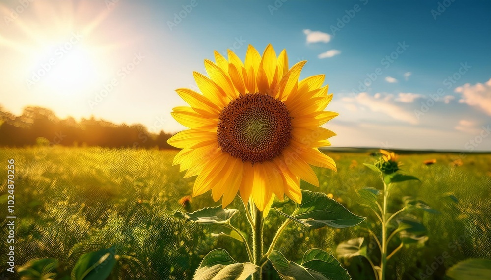 Naklejka premium a bright yellow sunflower sways in the gentle summer breeze its petals reaching towards the sky in a lush green field generative ai
