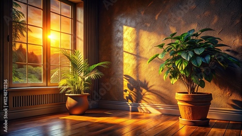 Wallpaper Mural Sunlit Interior with Potted Plant and Textured Wall - Night Photography for Home Decor Inspiration Torontodigital.ca