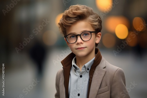 Portrait of a cute little boy in eyeglasses over blurred background.