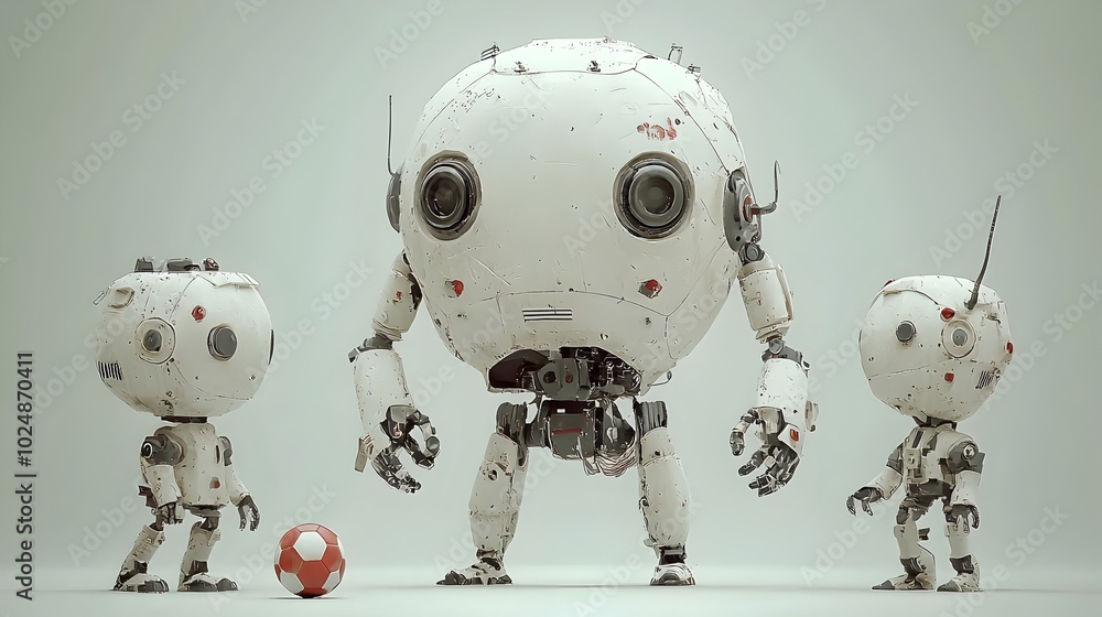 Whimsical and playful 3D clay robot figures engaged in a joyful game of soccer with exaggerated and expressive movements set against a minimalist grey digital studio background Whimsical and playful 3D clay robot figures engaged in a joyful game of soccer with exaggerated and expressive movements set against a minimalist grey digital studio background