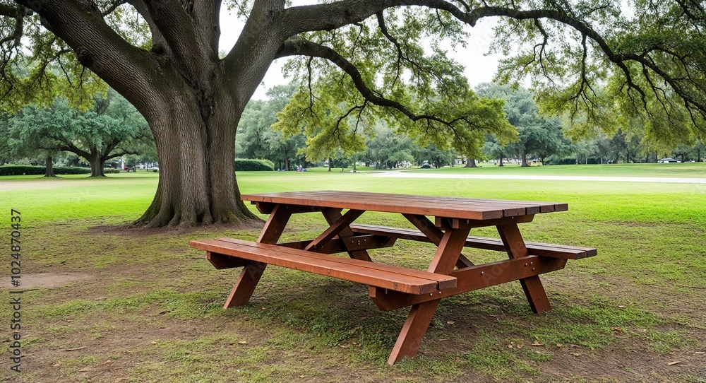 Wooden picnic table under large oak tree in park Wooden picnic table under large oak tree in park