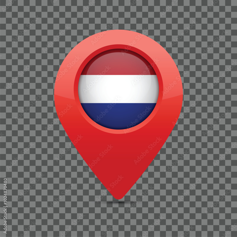 Netherlands national flag pin for maps and navigation systems to mark current location. User Interface icon design. Vector illustration. Netherlands national flag pin for maps and navigation systems to mark current location. User Interface icon design. Vector illustration.