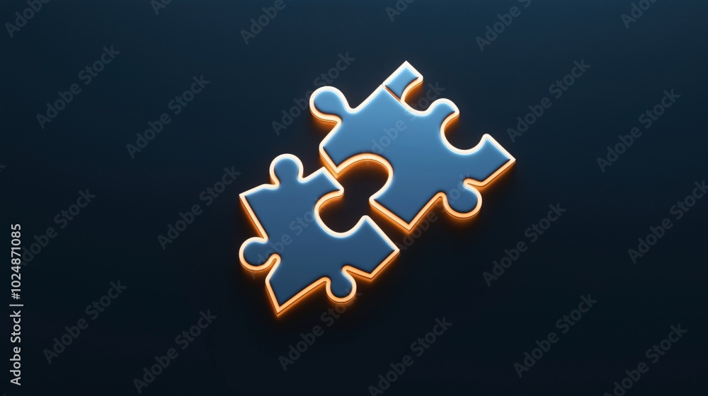 Fototapeta premium Two interlocking blue puzzle pieces with glowing edges on a dark background representing connection and teamwork