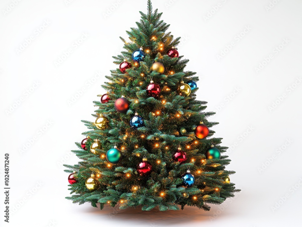 Fototapeta premium A Christmas tree adorned with colorful lights, isolated on white background. 