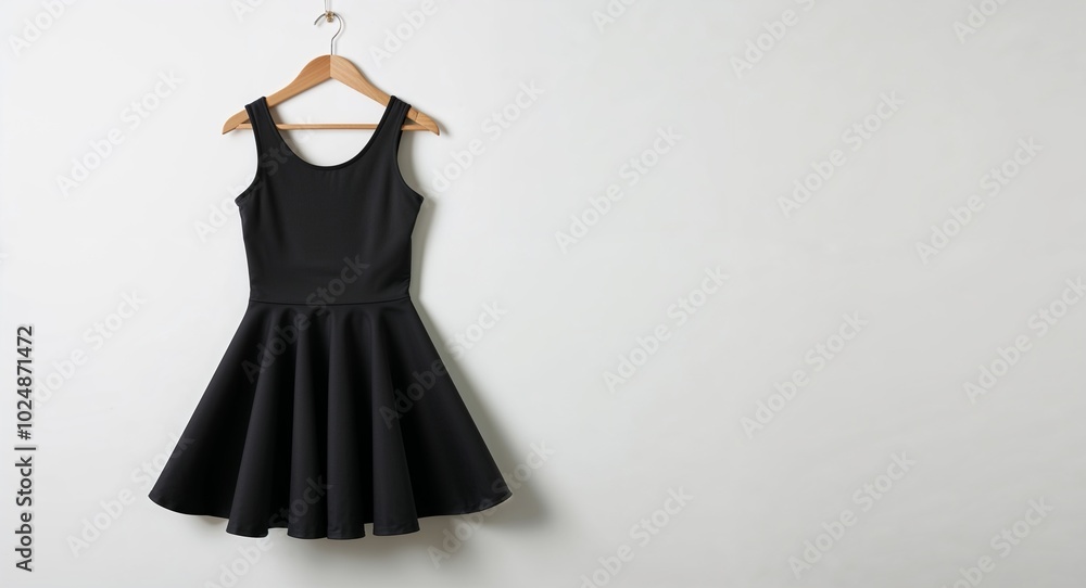 Black scuba fabric dress with flared skirt on plain white background Black scuba fabric dress with flared skirt on plain white background