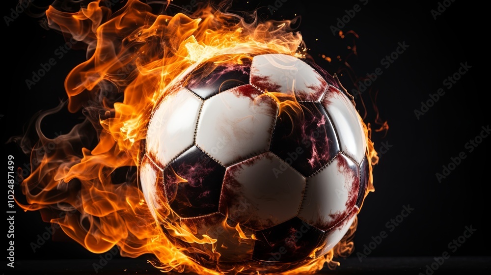 Naklejka premium A soccer ball engulfed in fiery passion, the flames dancing around its surface, creating a captivating display of energy and intensity.