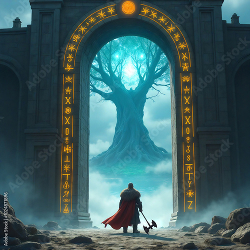 Gates of Valhalla, portal with glowing runes, the tree of life stands in the sea of clouds, Norse mythology, high detail fantasy illustration photo