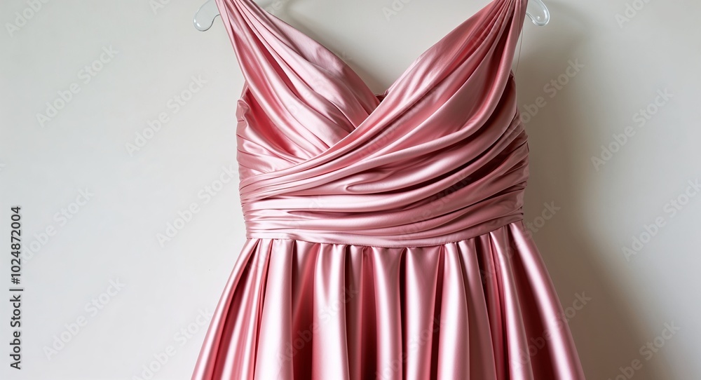 Blush pink satin gown with draped bodice on plain white background Blush pink satin gown with draped bodice on plain white background