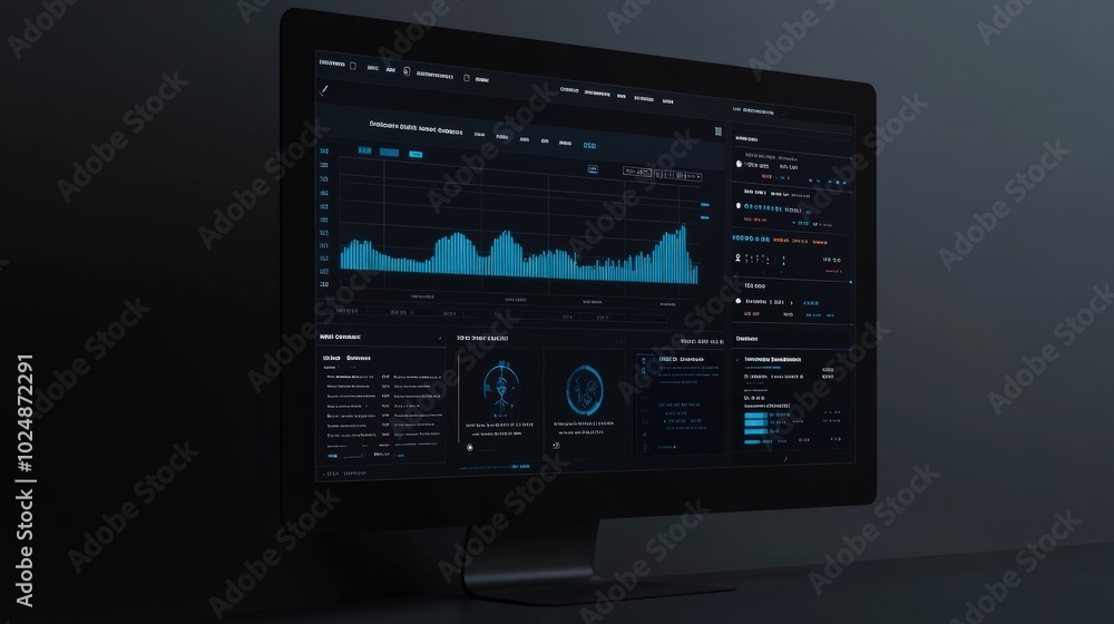 A computer monitor displays a blue and white graph and data on a black background. A computer monitor displays a blue and white graph and data on a black background.