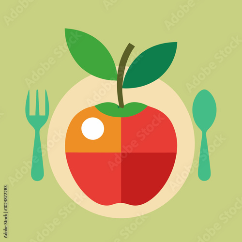 Apple plate illustration, fork and spoon design, healthy eating concept, vibrant colors, digital artwork, copy space