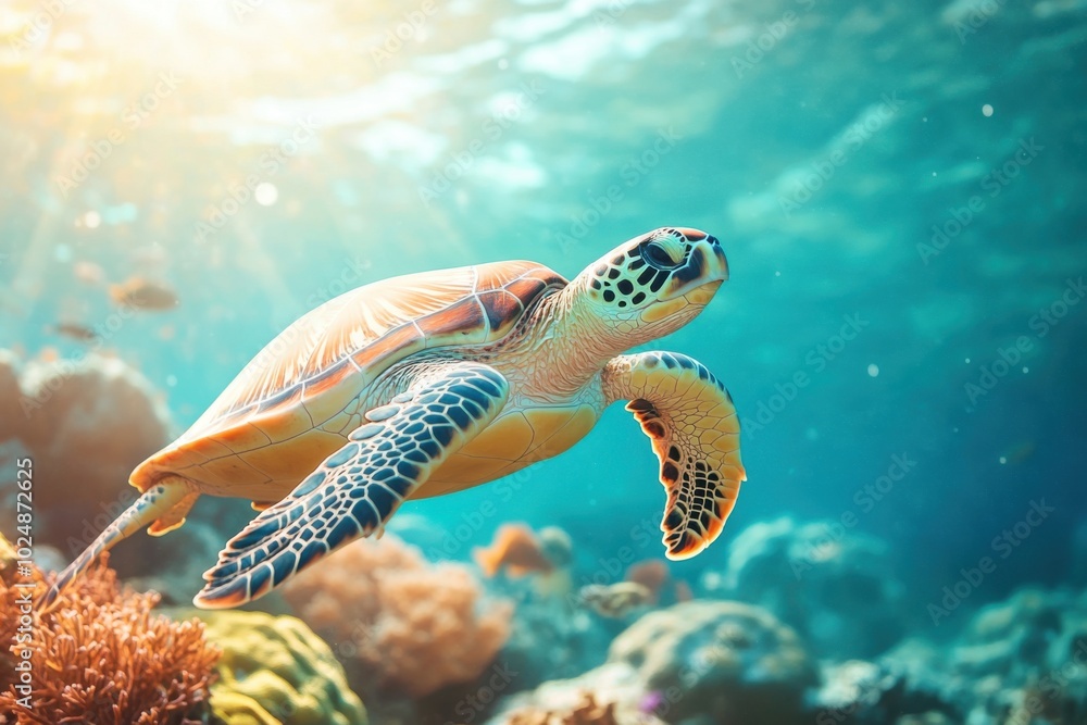 Obraz premium Graceful Sea Turtle Swimming Through Coral Reef