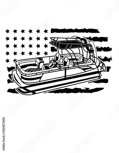 US Pontoon Boat | US Water Craft | US Flag | Lake Boat Vehicle | Angling Vehicle | Passenger Boat | US Yacht | Small Vessel | Original Illustration | Vector and Clipart | Cutfile and Stencil