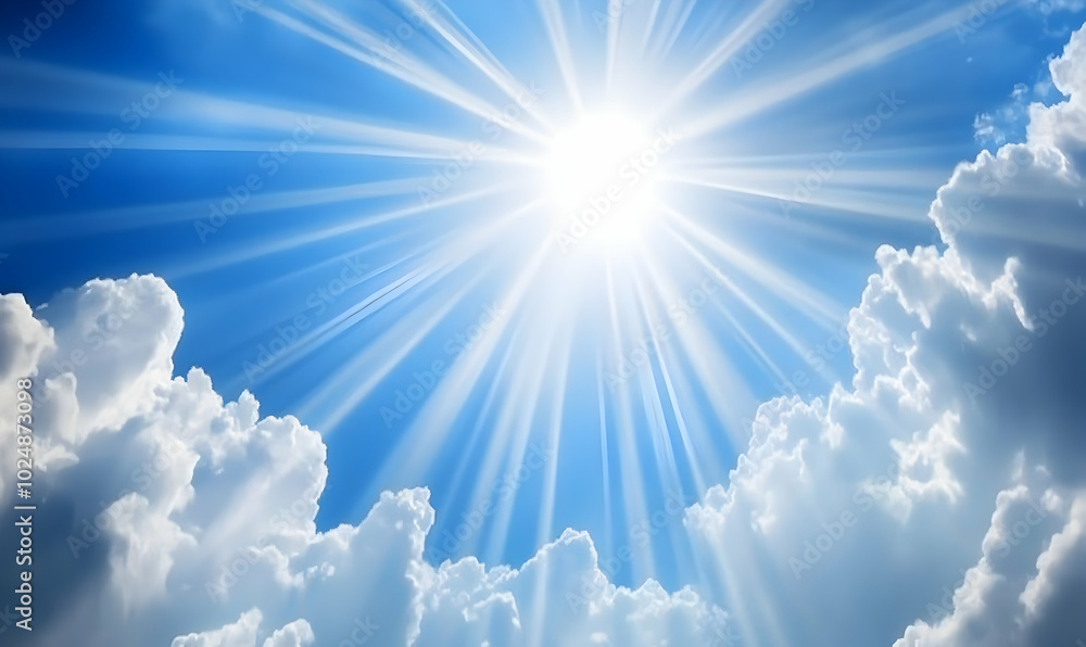 A bright sun shines through fluffy white clouds in a clear blue sky. A bright sun shines through fluffy white clouds in a clear blue sky.