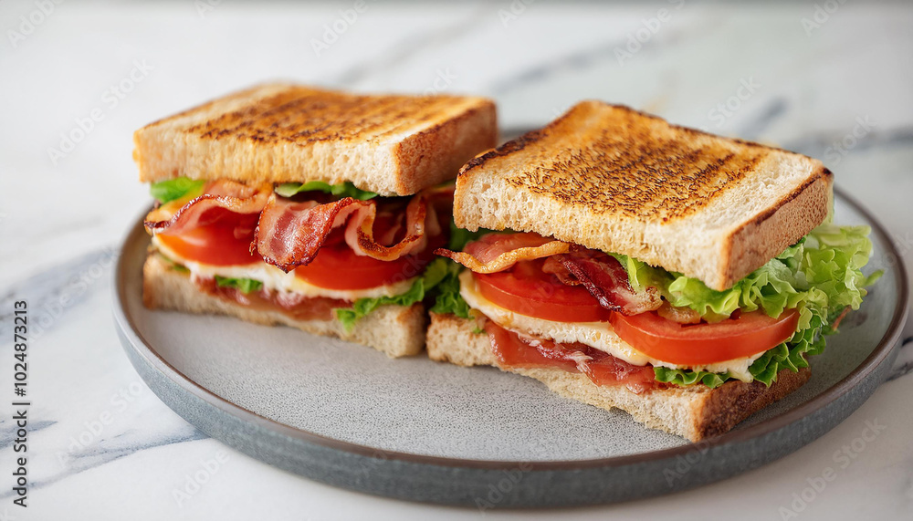 Delicious BLT sandwiches on ceramic plate. Lunch with bacon, lettuce and fresh tomatoes. Tasty snack Delicious BLT sandwiches on ceramic plate. Lunch with bacon, lettuce and fresh tomatoes. Tasty snack