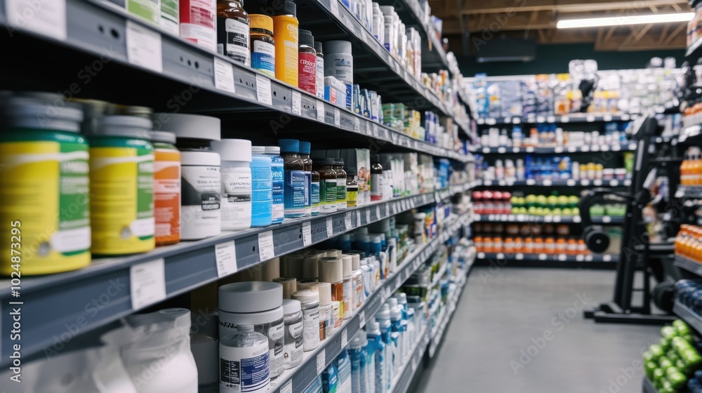 Drugstore Health and Fitness Section with Supplements and Workout Gear Drugstore Health and Fitness Section with Supplements and Workout Gear