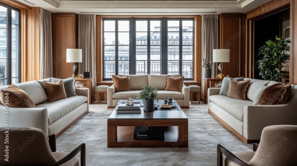 Fototapeta premium a living room with big windows in the middle featuring couches, chairs, and a coffee table