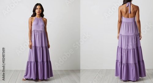 Lavender halter neck maxi dress with tiered layers on plain white background