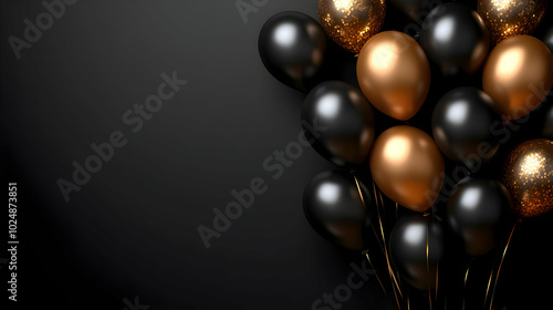 A cluster of black and gold balloons on a dark background.