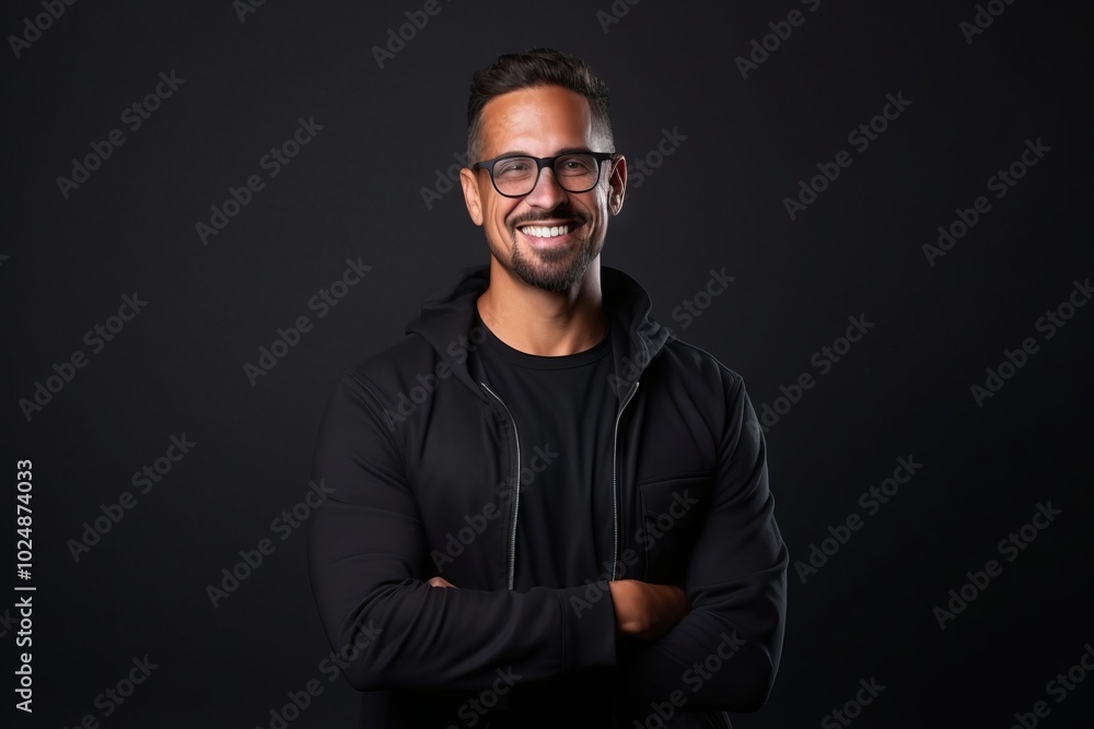 Portrait of a handsome man in a black sweatshirt on a black background. Portrait of a handsome man in a black sweatshirt on a black background.