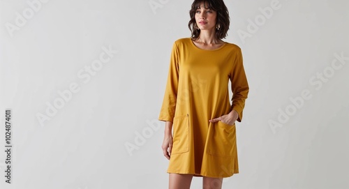 Mustard yellow tunic dress with patch pockets on plain white background photo