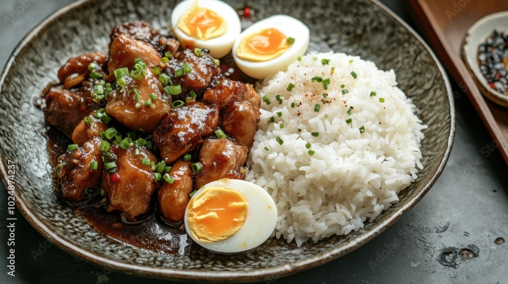 Chicken Adobo Served with Steamed Rice and Hard-Boiled Eggs on a Rustic Plate Chicken Adobo Served with Steamed Rice and Hard-Boiled Eggs on a Rustic Plate