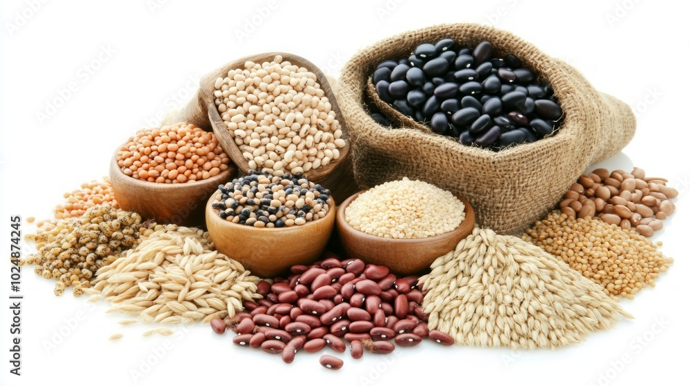 Fototapeta premium A variety of beans, grains, and seeds in bowls and a burlap sack on a white background.