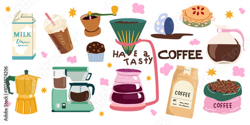 Hot aroma coffee drinks. Retro design elements perfect for cafe menu, coffee shop patches. Coffee maker, beans in kraft paper, paper cup, teapot and snacks for breakfast. Doodle retro icons