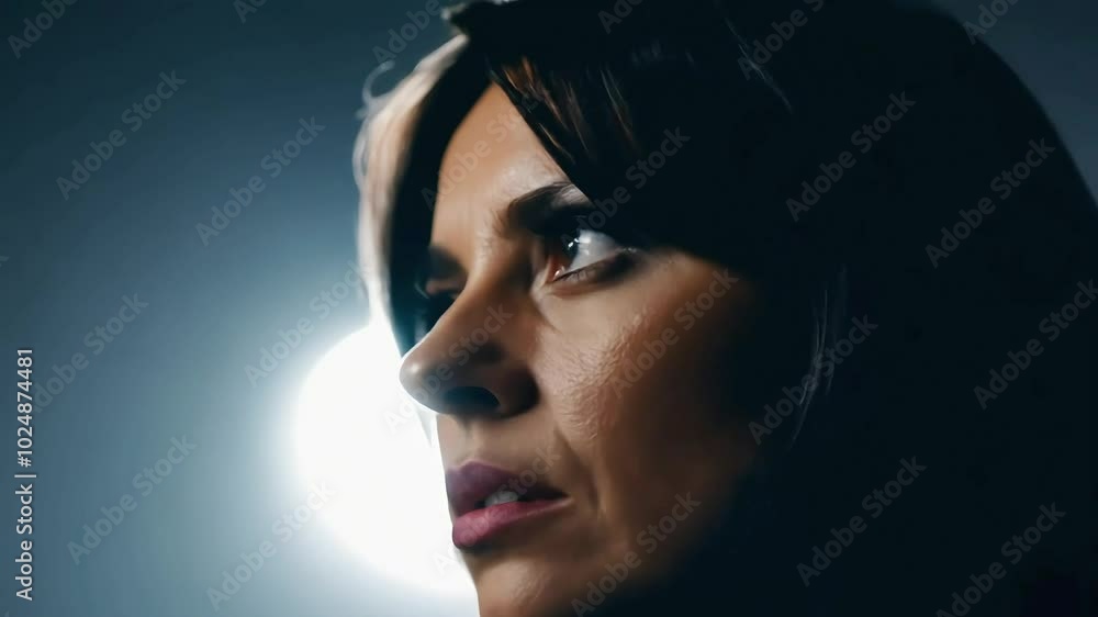 Woman with short dark hair and wide eyes is illuminated by a harsh light, her serious expression intensified by the strong focus on her face Woman with short dark hair and wide eyes is illuminated by a harsh light, her serious expression intensified by the strong focus on her face