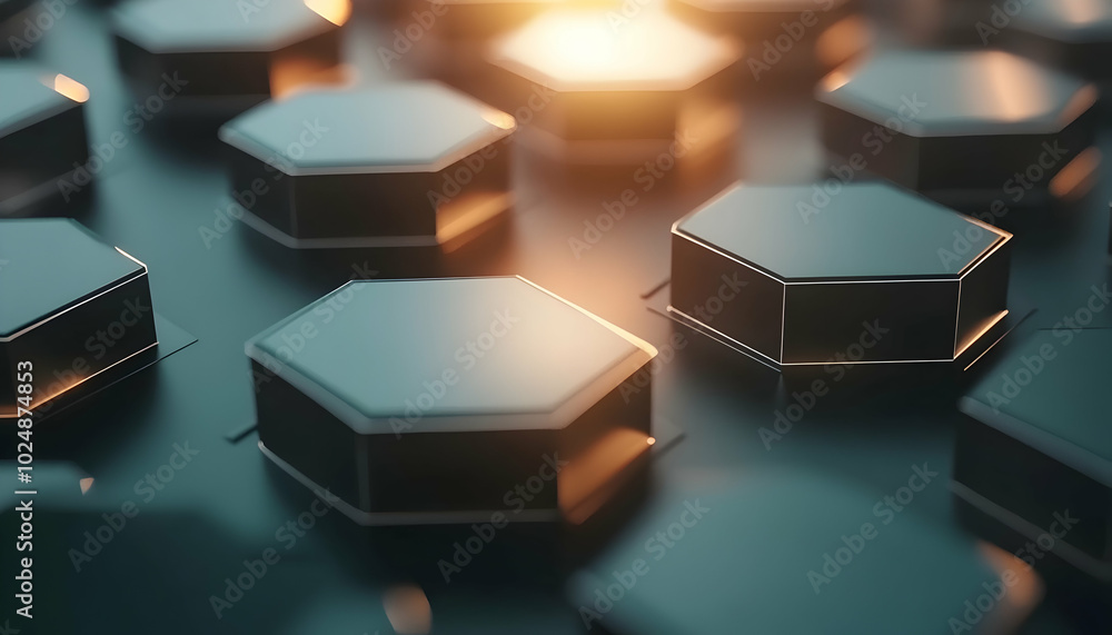 Abstract 3D render of black hexagonal shapes on a dark background. Abstract 3D render of black hexagonal shapes on a dark background.