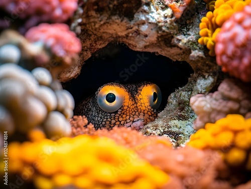 Octopus hiding in a colorful underwater world A colorful octopus hiding among corals and curiously observing its surroundings. photo