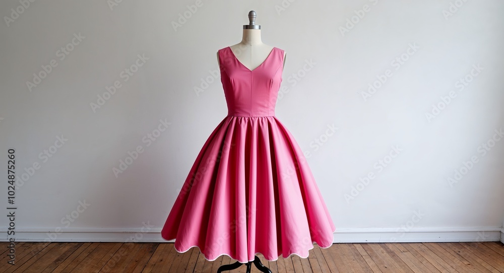 Pink fit and flare dress with scalloped hem on plain white background Pink fit and flare dress with scalloped hem on plain white background