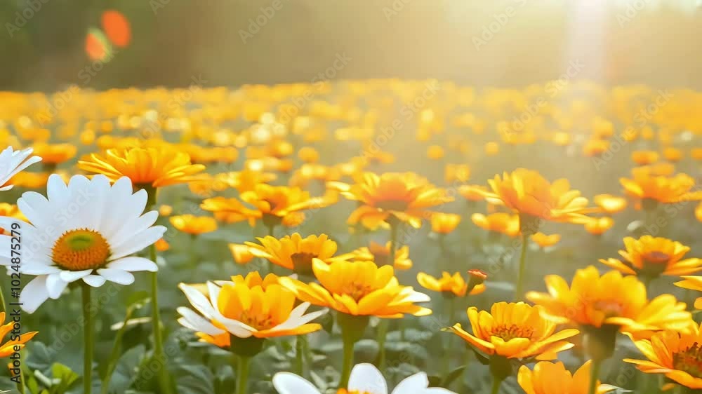 Vbrant flower field filled with large daisies and lilies, featuring radiant white and yellow petals, covering the entire frame
