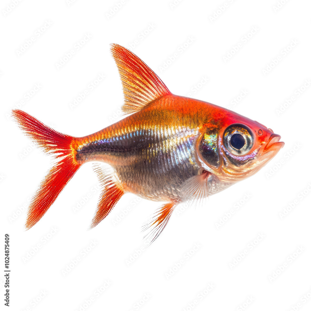 Obraz premium Colorful Serpae Tetra with its vibrant red body and active swimming patterns. isolated on transparency background
