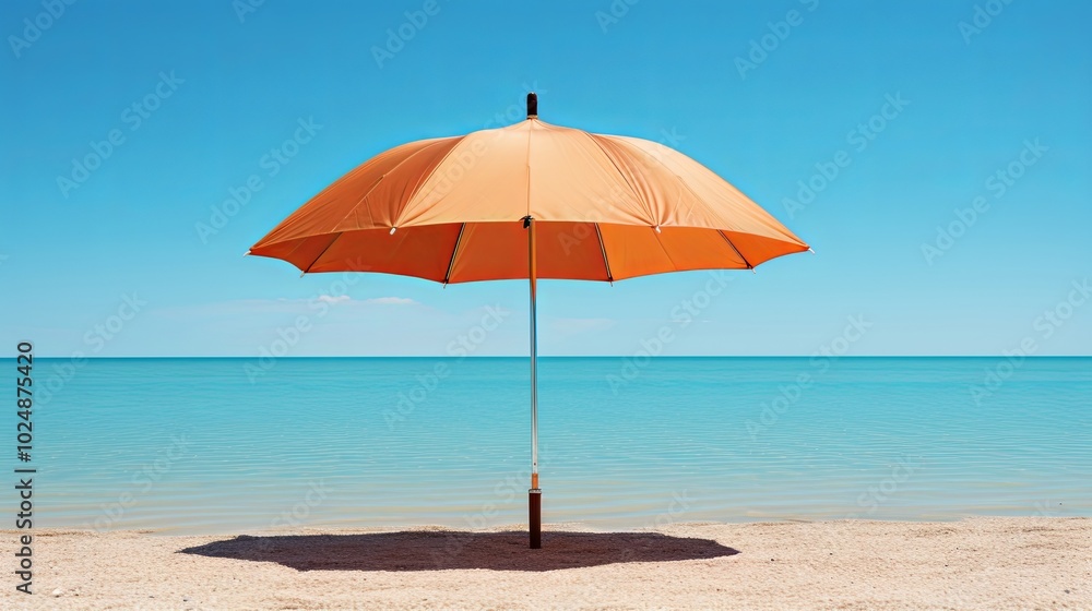A solitary orange beach umbrella stands tall against a backdrop of azure waters and a cloudless sky, offering a welcome respite from the sun's warm embrace. A solitary orange beach umbrella stands tall against a backdrop of azure waters and a cloudless sky, offering a welcome respite from the sun's warm embrace.