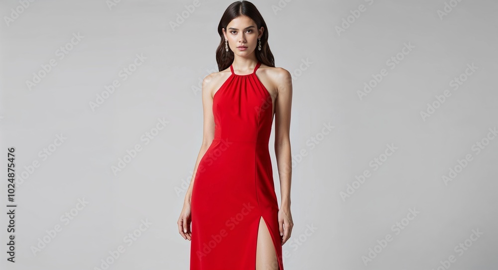 Red halter neck gown with side slit on plain white background