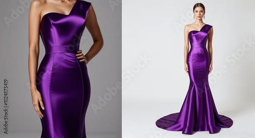 Purple satin mermaid gown with fitted waist on plain white background photo